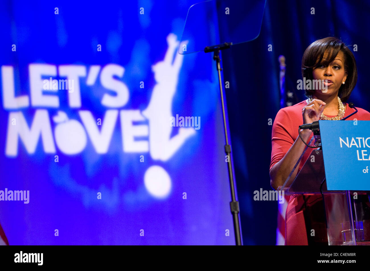 First Lady Michelle Obama speaks about her Let's Move initiative. Stock Photo