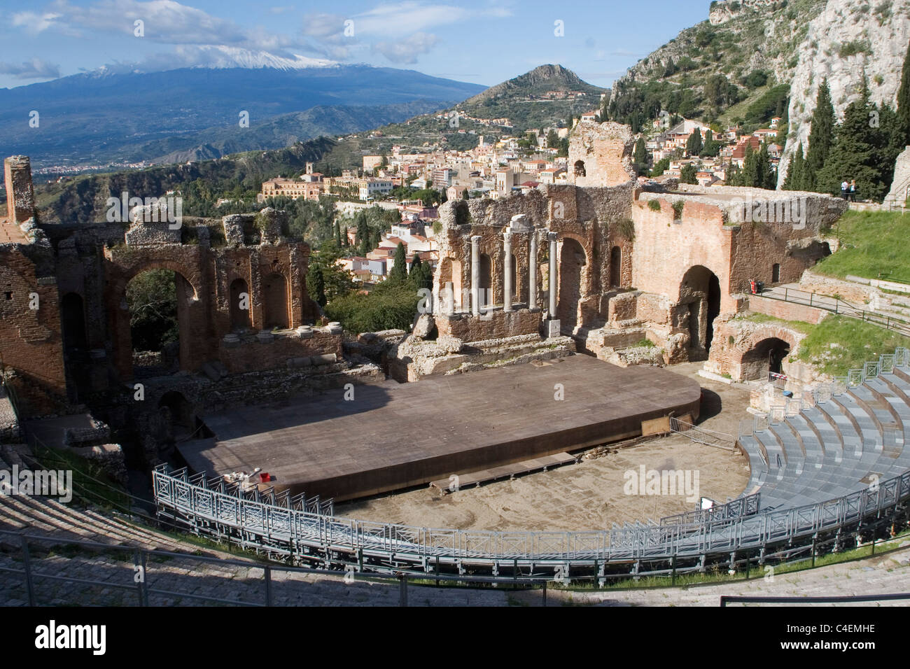 Greek Theater (Teatro Greco) enlarged by the Romans (2nd century AD) is still used for performances Stock Photo