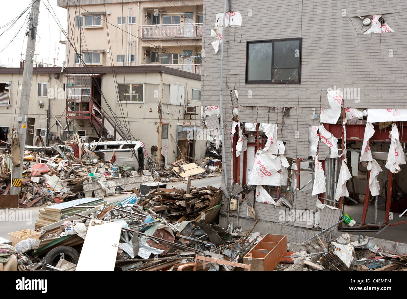 Damage and debris caused by the March 11th earthquake and tsunami, in Kamaishi city, Tohoku region, Japan, on 12th April 2011. Stock Photo