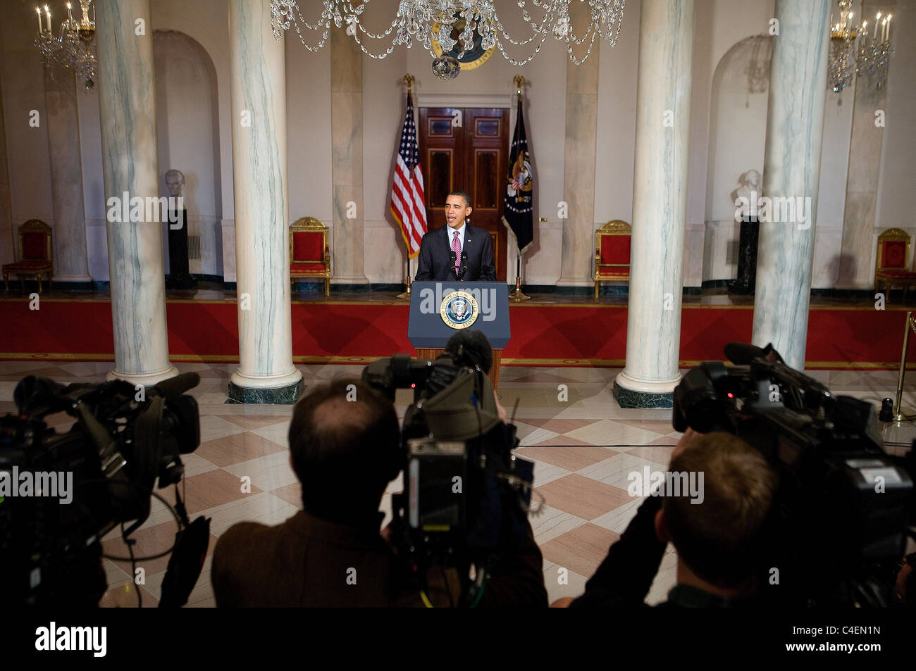 President Barack Obama delivers remarks on the unrest in Egypt. Stock Photo