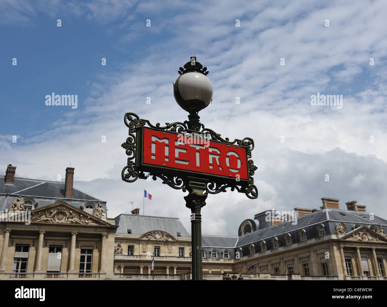 Paris Metro sign the station Palais-Royal – a 1909 Val d′Osne candelabria, they are recognizable by the elaborate ironwork edging Stock Photo