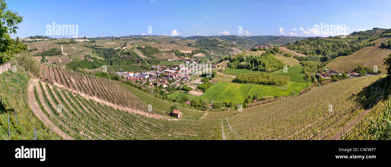 Panoramic view on hills and vineyards of Langhe in Piedmont, northern Italy. Stock Photo