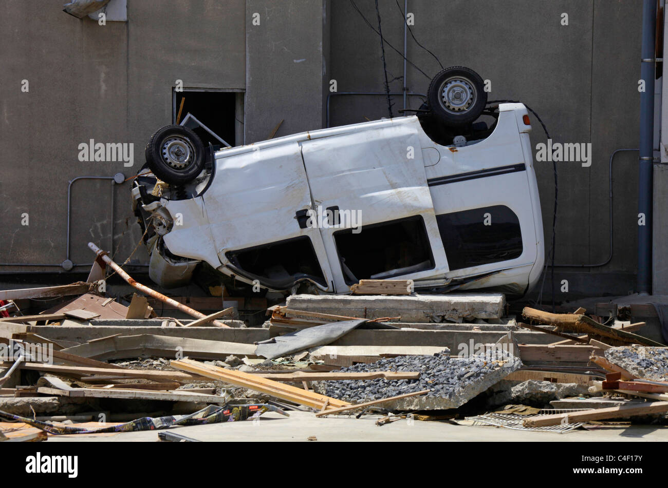 A motor car destroyed by Tsunami 11th March 2011 Stock Photo
