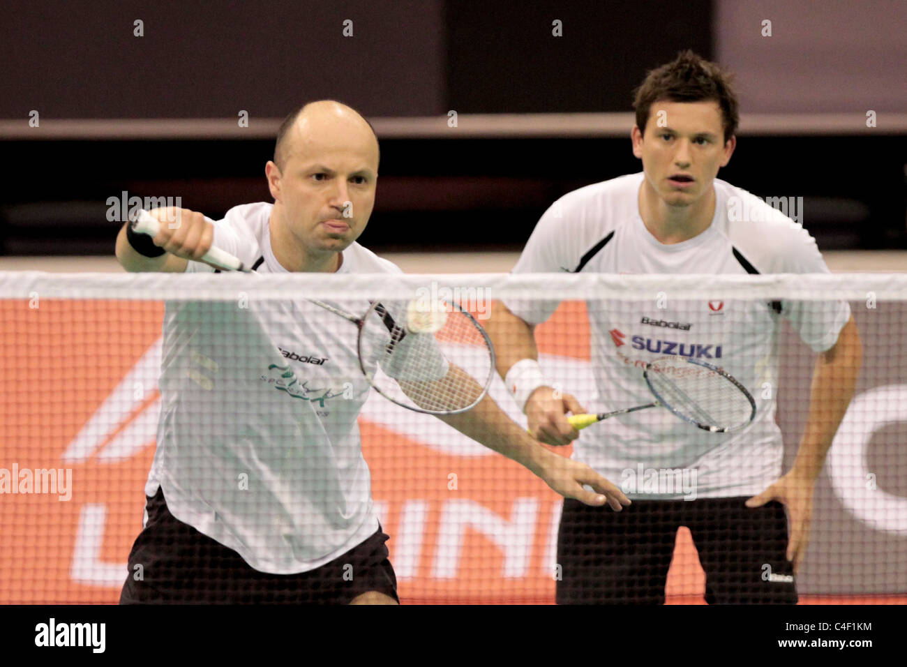 Juergen Koch and Peter Zauner during the Men's Doubles Qualification of the Li-Ning Singapore Open 2011. Stock Photo