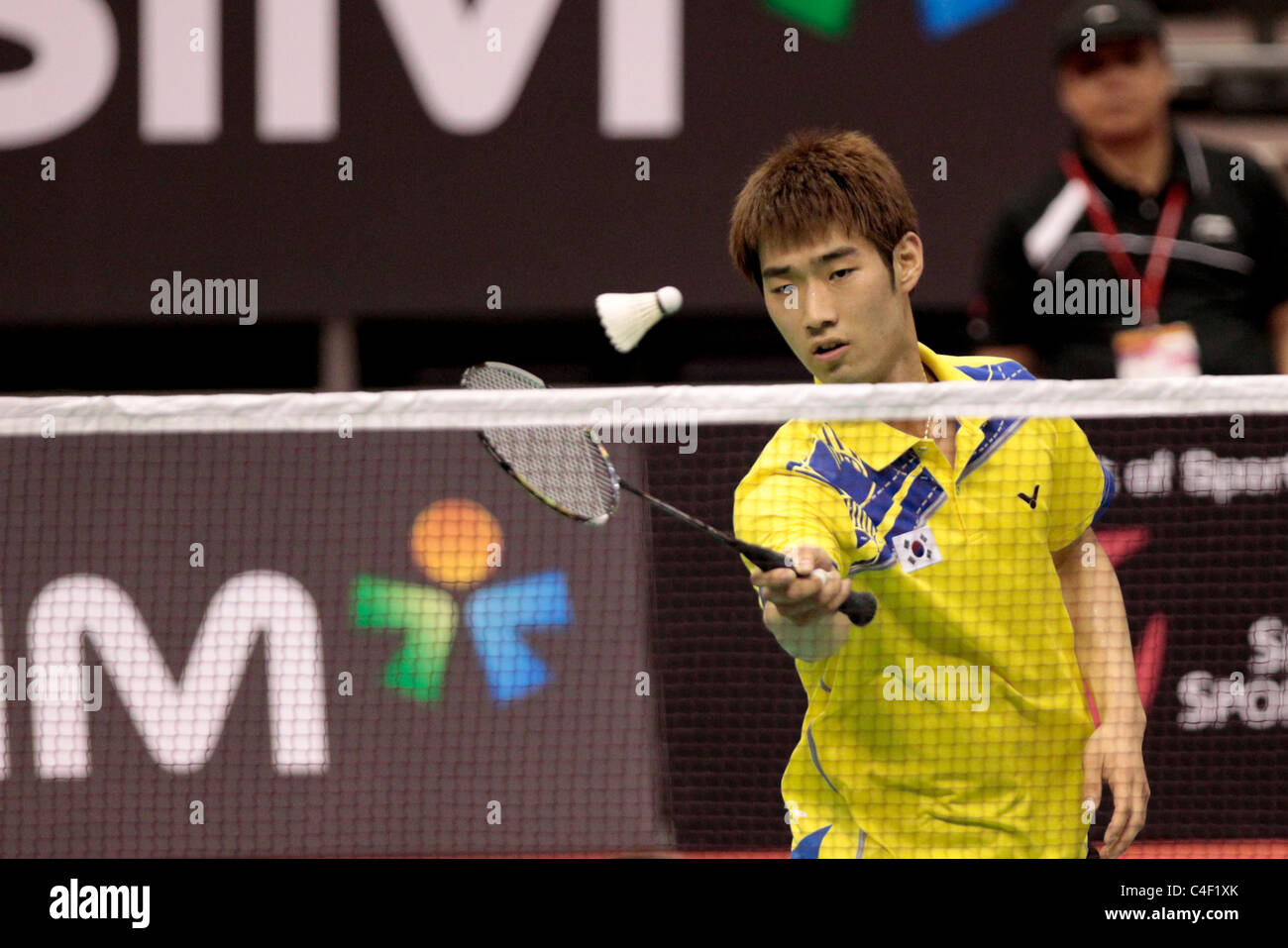 Kim Min Seo and Cho Gun Woo during the Men's Doubles Qualification of the Li-Ning Singapore Open 2011. Stock Photo