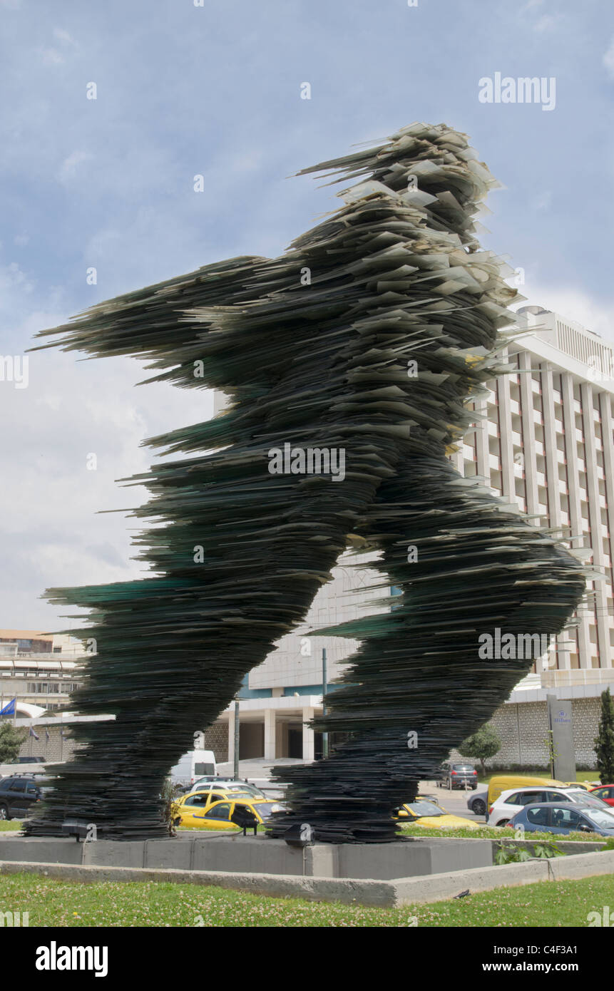 Runner stacked glass sculpture by Costas Varotsos, Athens, Greece