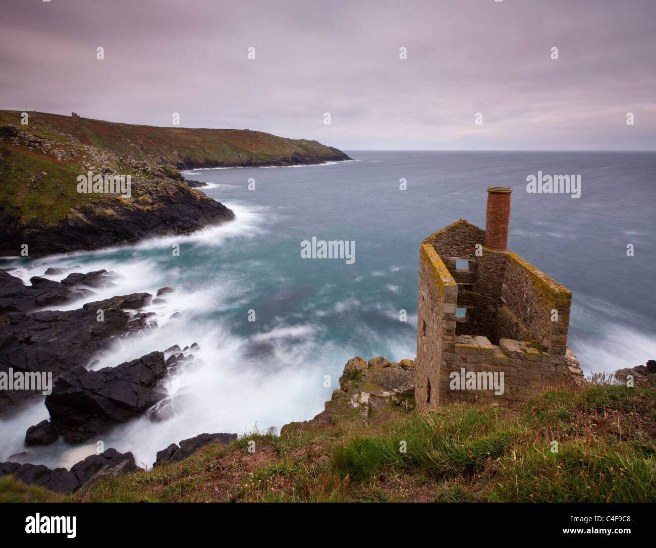 Abandoned tin mine engine house on the clifftops at Botallack near St Just, Cornwall, England. Autumn (October) 2009. Stock Photo