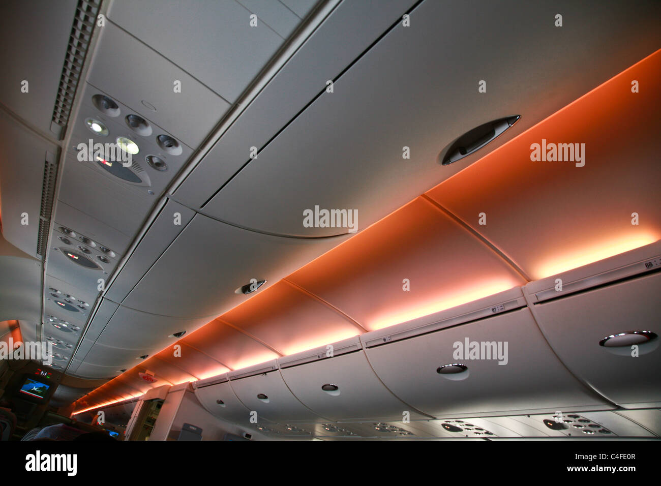 Interior economy deck cabin Emirates Airline A 380 Stock Photo