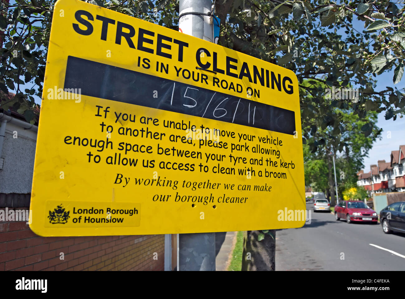 street cleaning in your road notice with date, in the london borough of