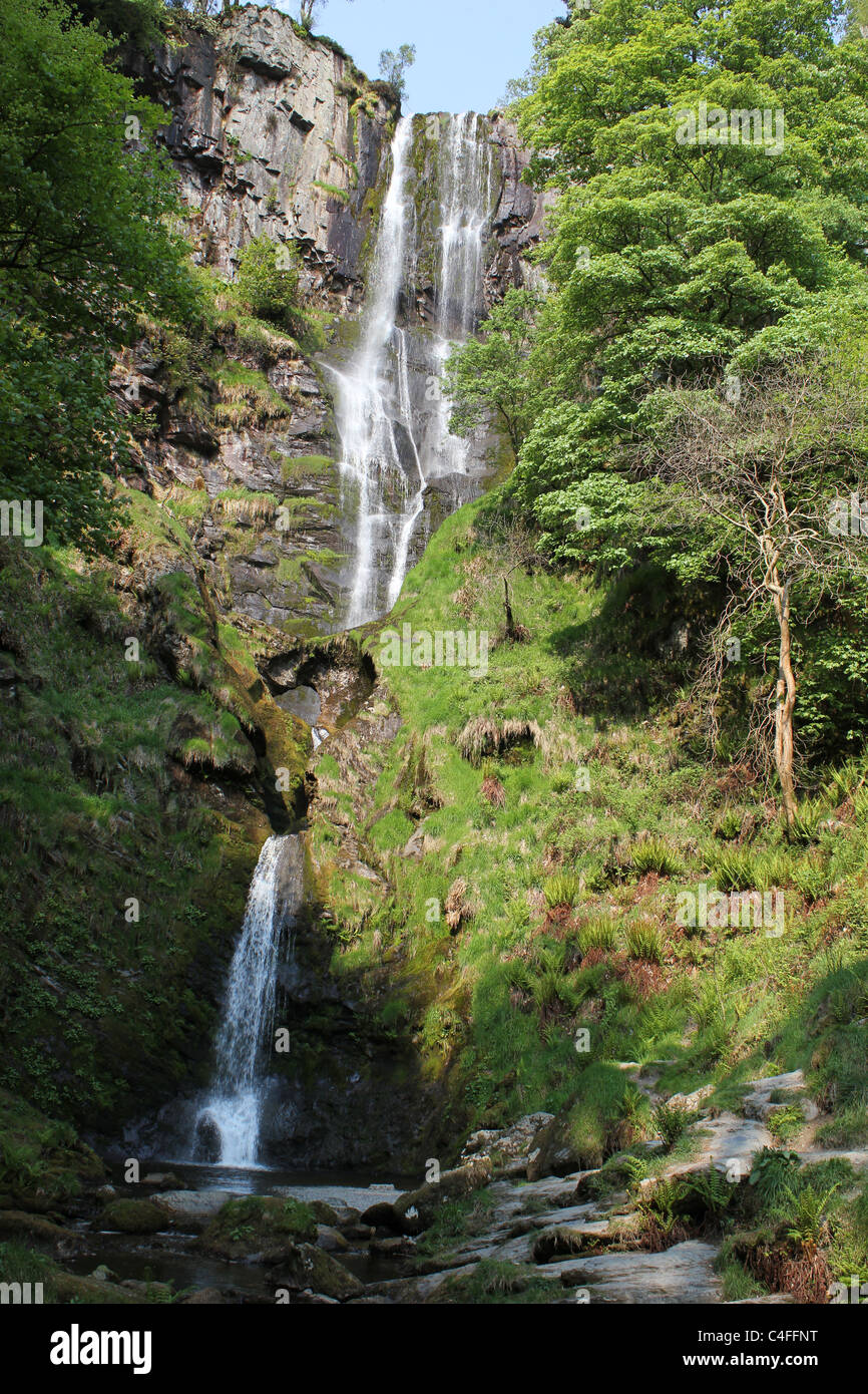 Pistyll Rhaeadr is a waterfall in the Berwyn Mountains. At 240ft (80m) high it is the highest single drop waterfall in the UK. Stock Photo