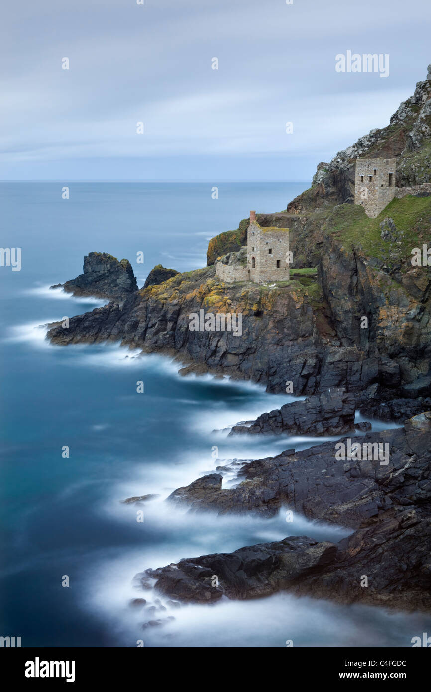 The Crowns engine houses, a historic reminder of Cornwalls tin mining heyday, Botallack, St Just, Cornwall, England. Stock Photo