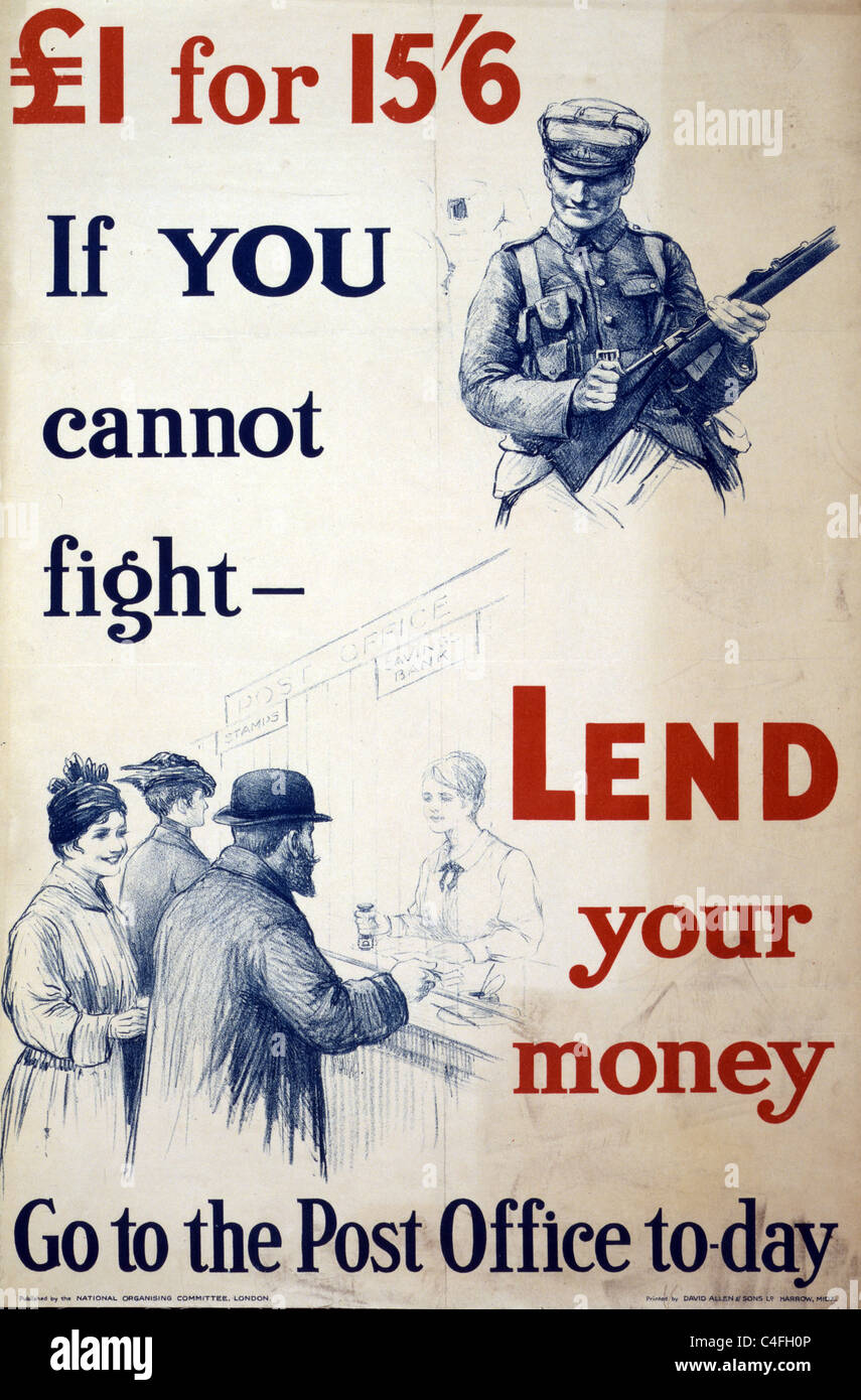 Poster showing a soldier with rifle, and a scene of a 'Savings Bank' clerk helping customers at a post office. Stock Photo