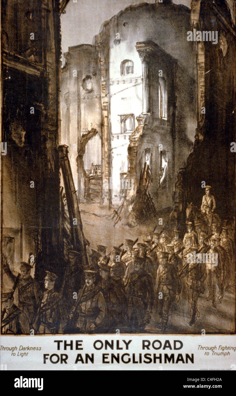 Poster showing soldiers marching past ruins. Stock Photo