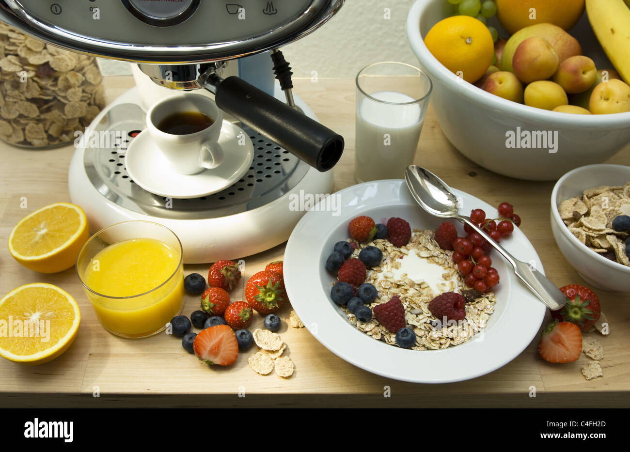 Espresso machine with breakfast Stock Photo