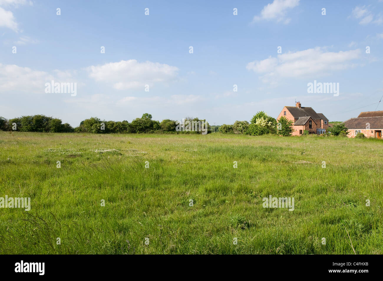 Property backing onto an open field in Aldington, Warwickshire, England, UK Stock Photo