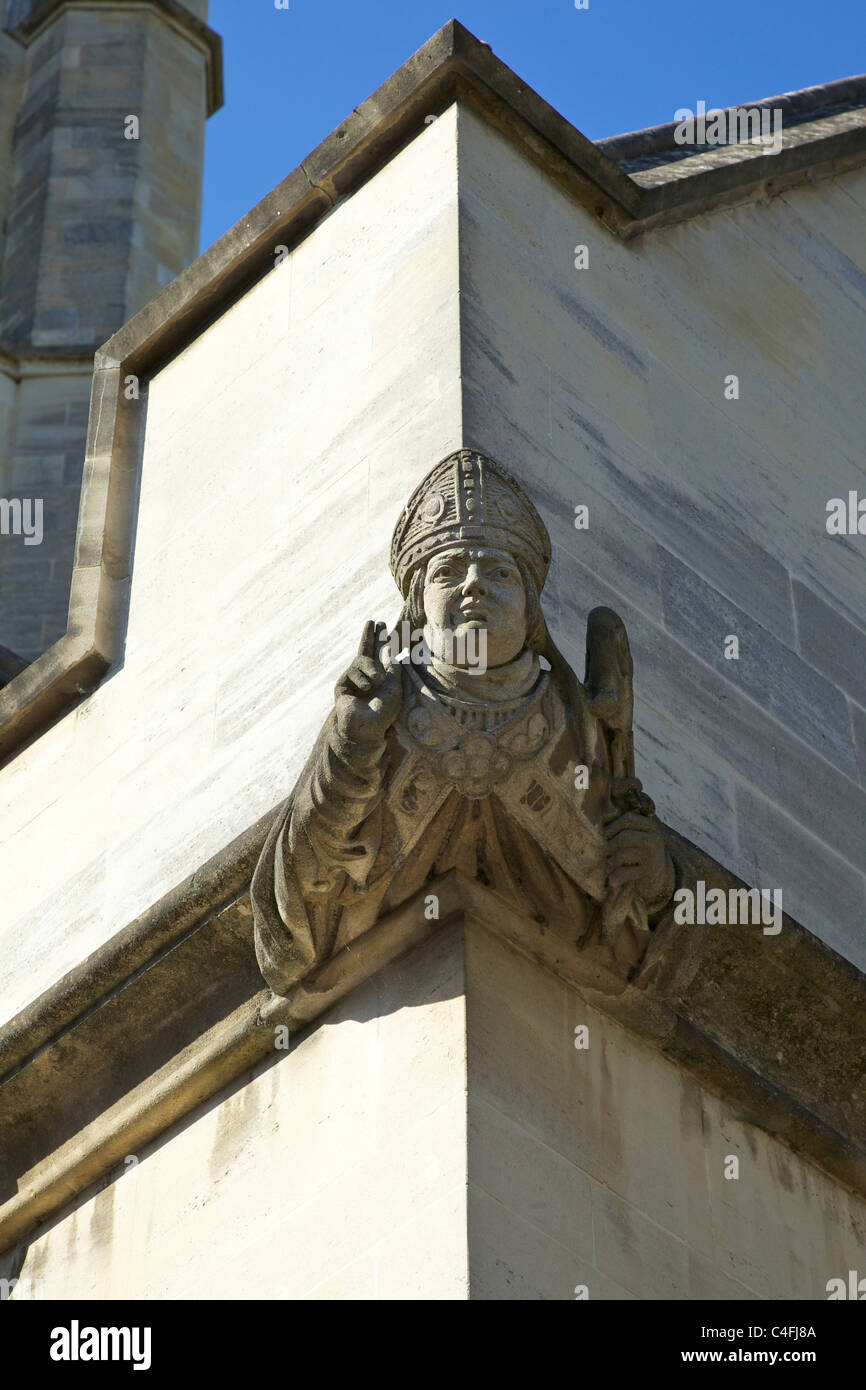 Carving of Bishop giving blessing, Great Tower of Magdalen College, Oxford University, Oxford, Oxfordshire, England, UK, United Stock Photo