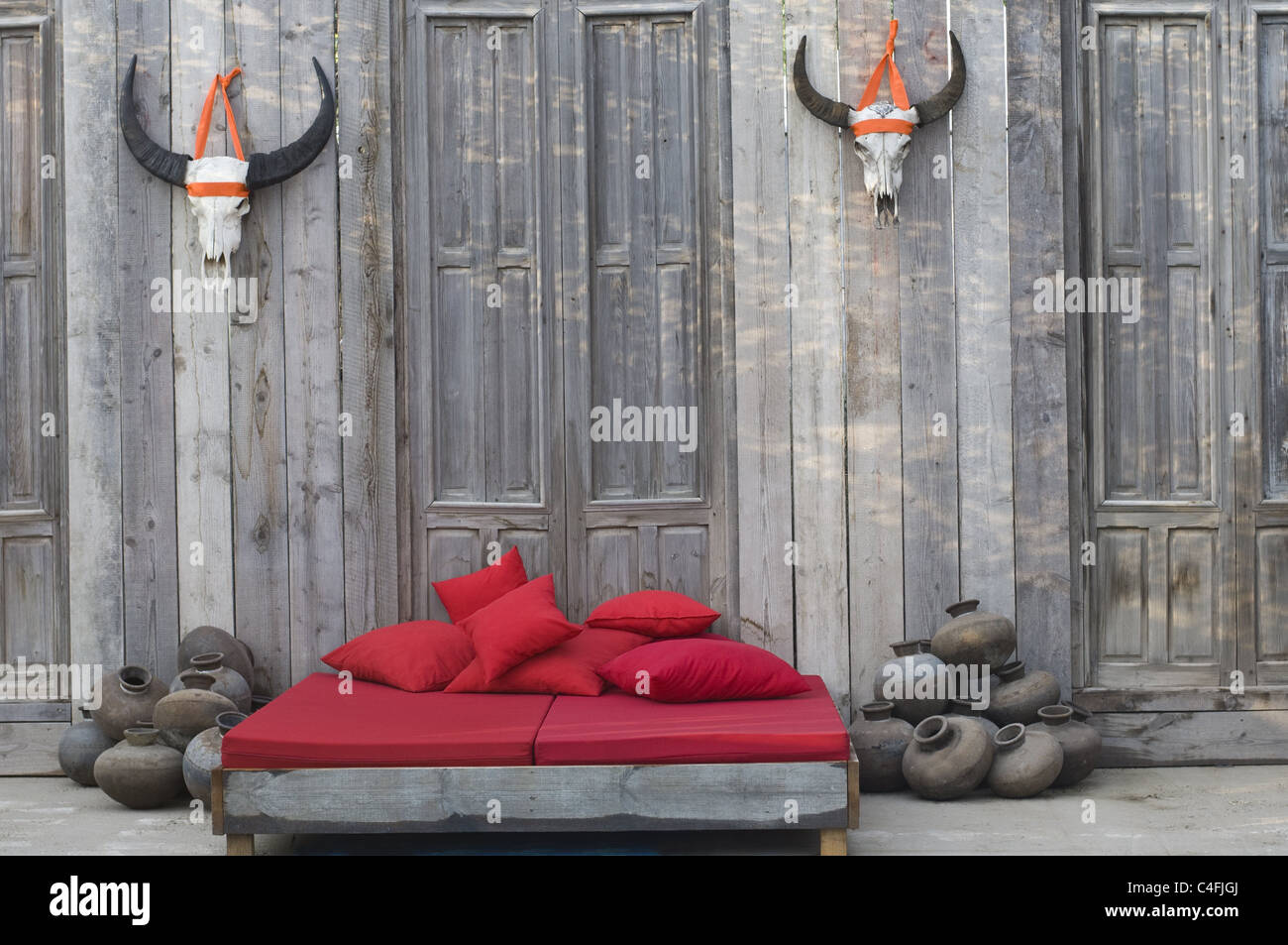 Bed made of rustic wood Stock Photo