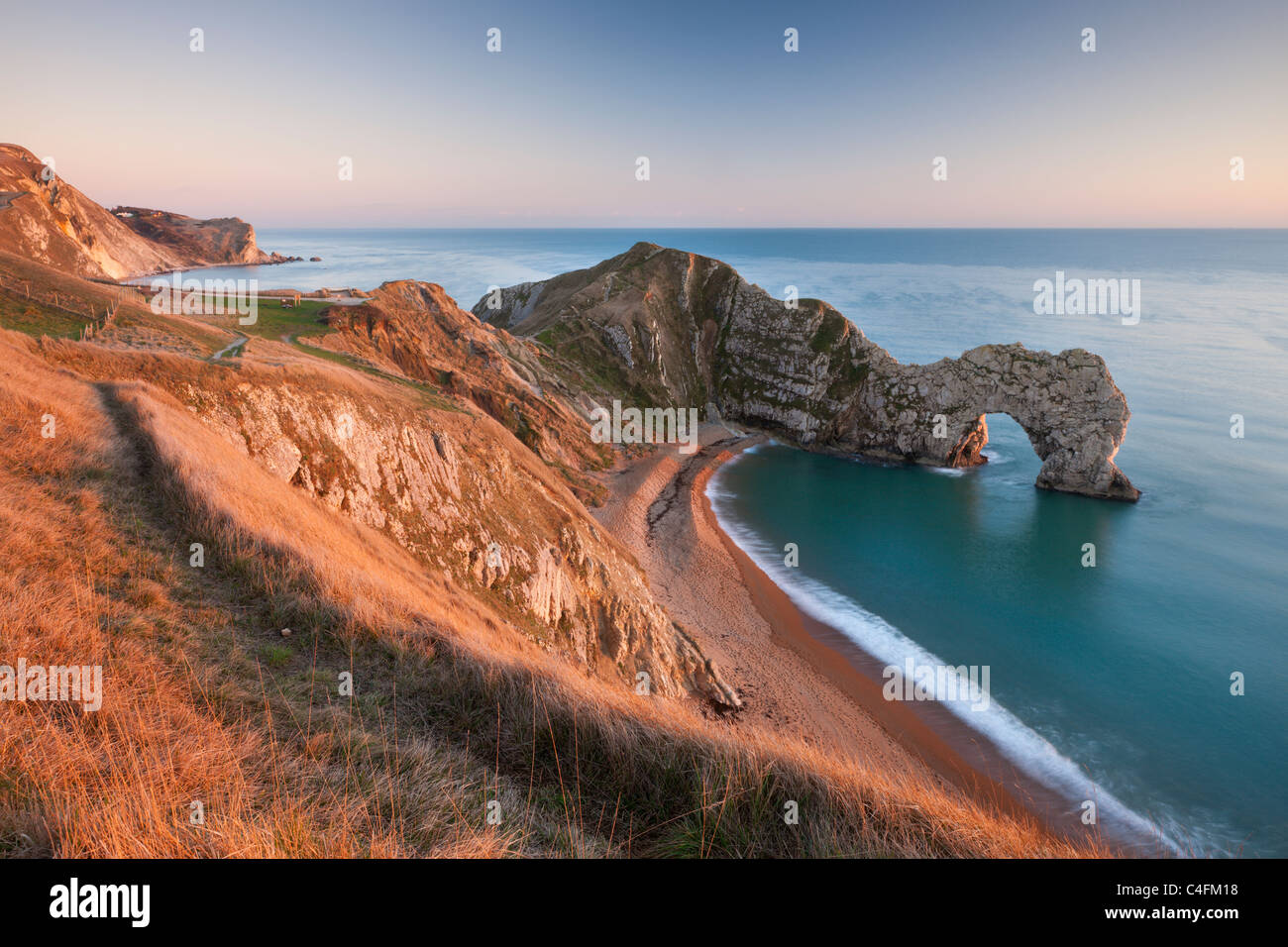 View from cliff tops down into Durdle Door, Dorset, England. Winter (January) 2011. Stock Photo