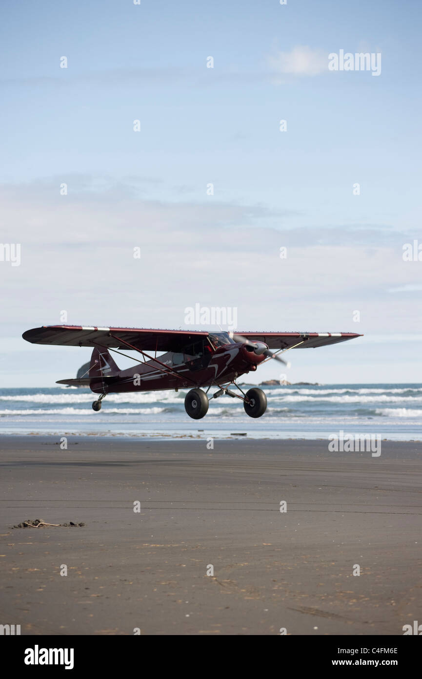 Piper Super Cub flying over the beach at Hinchinbrook Island, Alaska