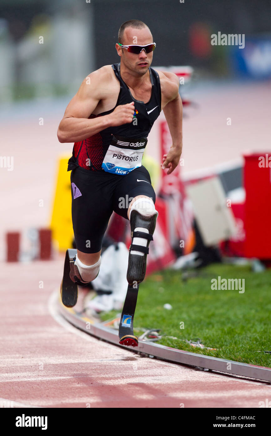 Oscar Pistorius (RSA) competing in a 400 meters race at the 2011 NYC Grand Prix Track and Field competition. Stock Photo