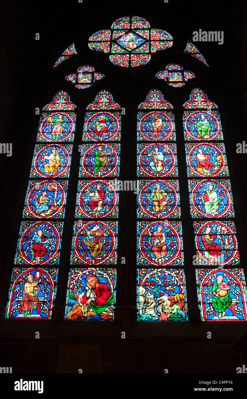 stained glass window in Notre dame cathedral, Paris, France Stock Photo