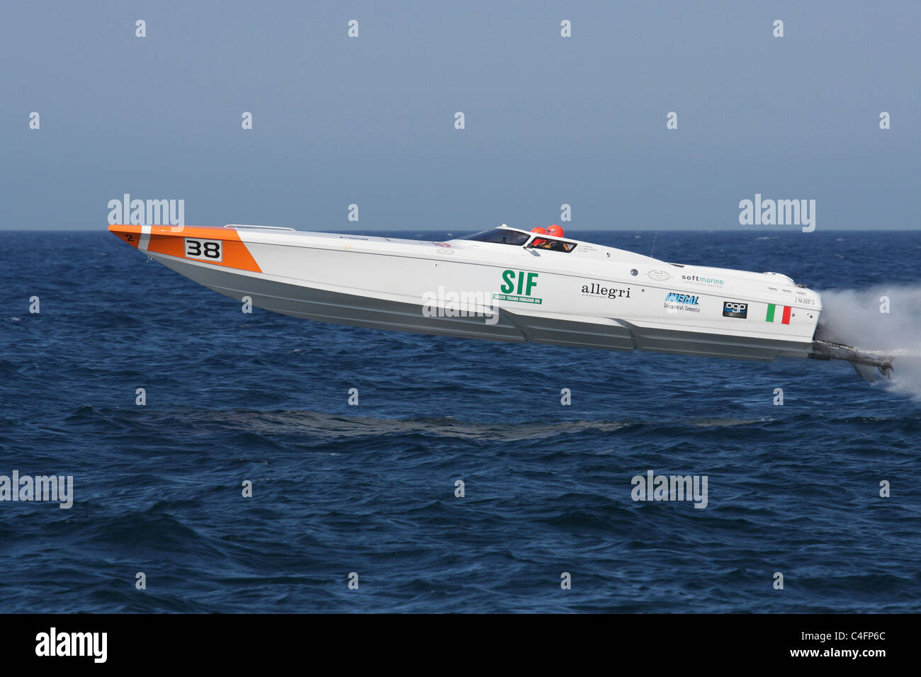Supersport class boat no. 38 SIF takes to the air during the UIM Ocean Grand Prix sprint race, Malta, 11 June 2011 Stock Photo