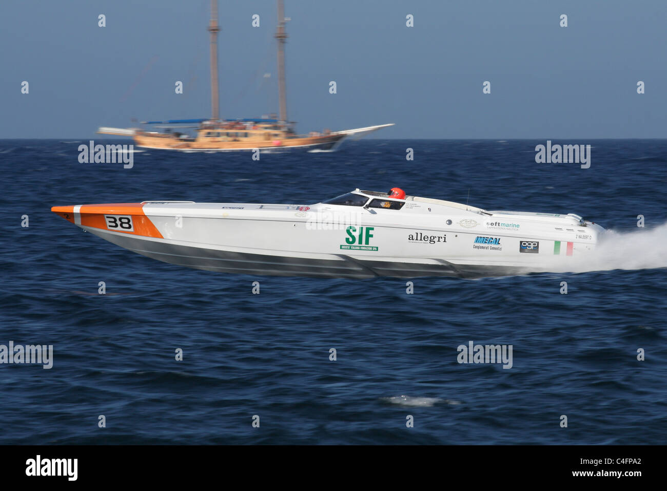 Supersport class boat no. 38 SIF during the UIM Ocean Grand Prix sprint race, Malta, 11 June 2011 Stock Photo