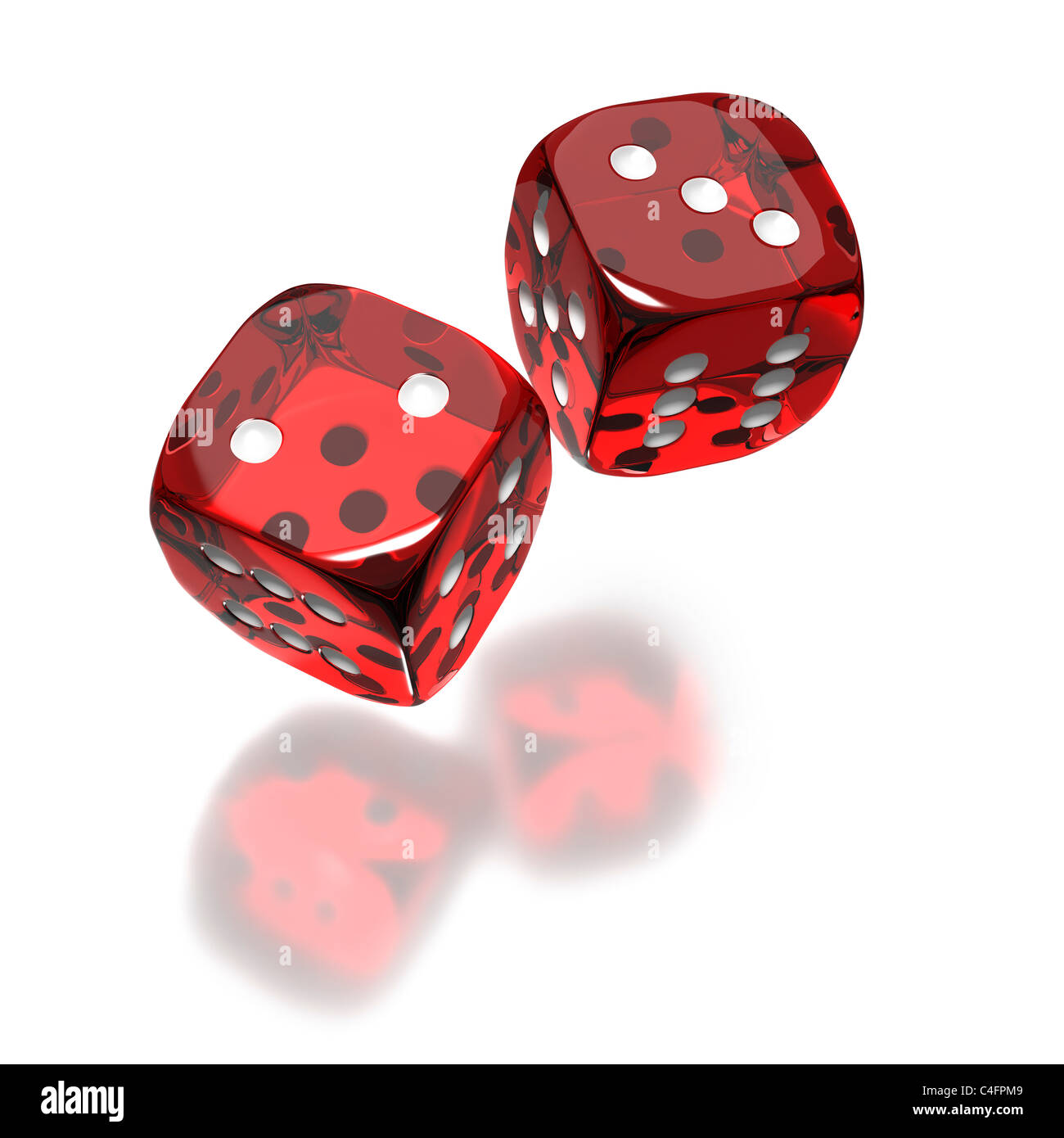 Two red dice flying in the air on white background Stock Photo