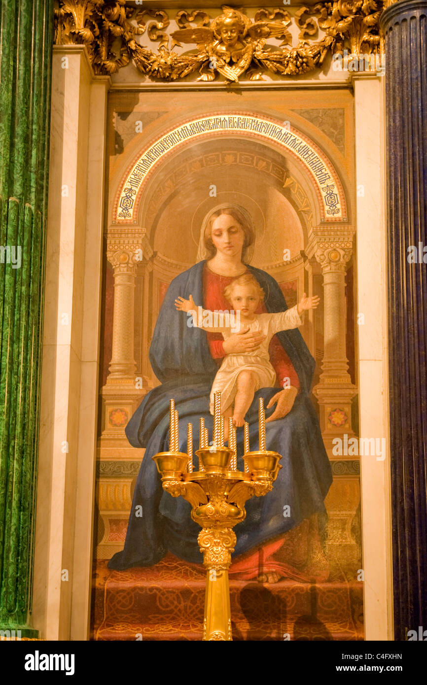 Russia , St Petersburg , St Isaac's Cathedral built 1858 , mosaic panel iconostasis & malachite & lapis columns Mother & Child gold gilt candlestick Stock Photo