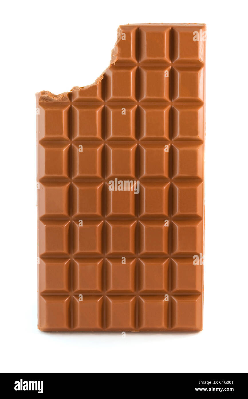 Milk chocolate bar with missing bite isolated over white Stock Photo