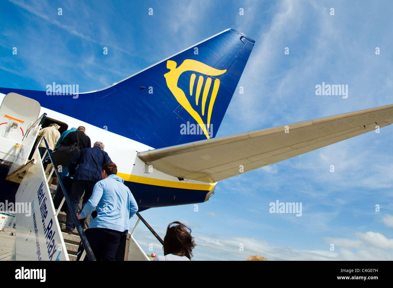 Passengers boarding a Ryanair jet Stock Photo