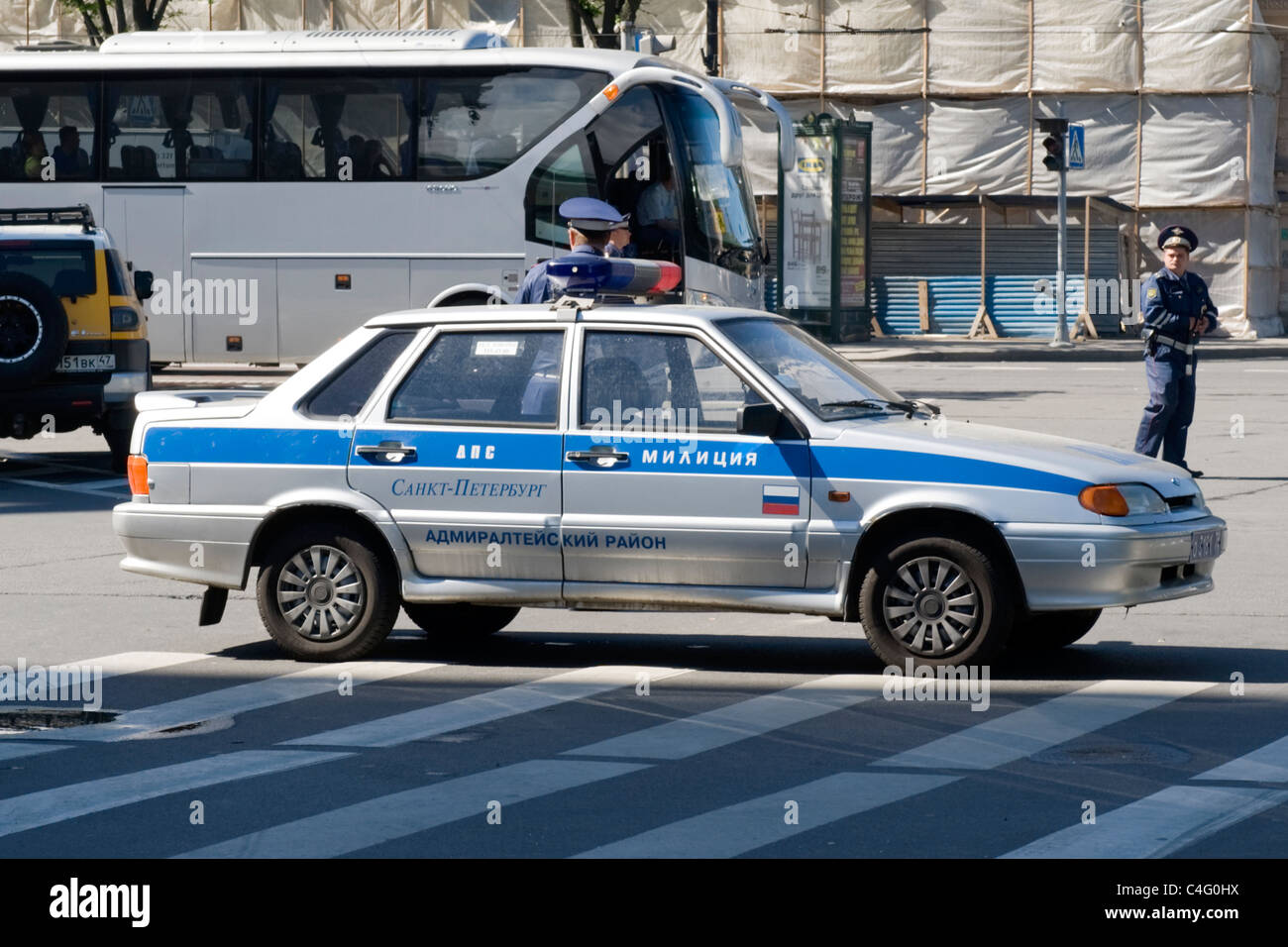 Russia , St Petersburg , Russian old look police car with traffic