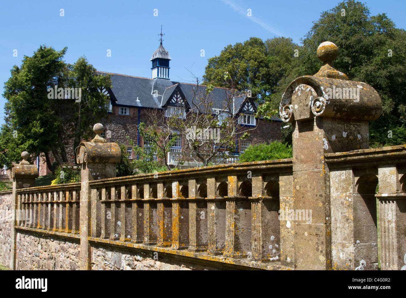 Exterior view of Halsway Manor, craved stone boundary wall. The National centre for the folk arts in Crowcombe, Taunton, Somerset, UK Stock Photo