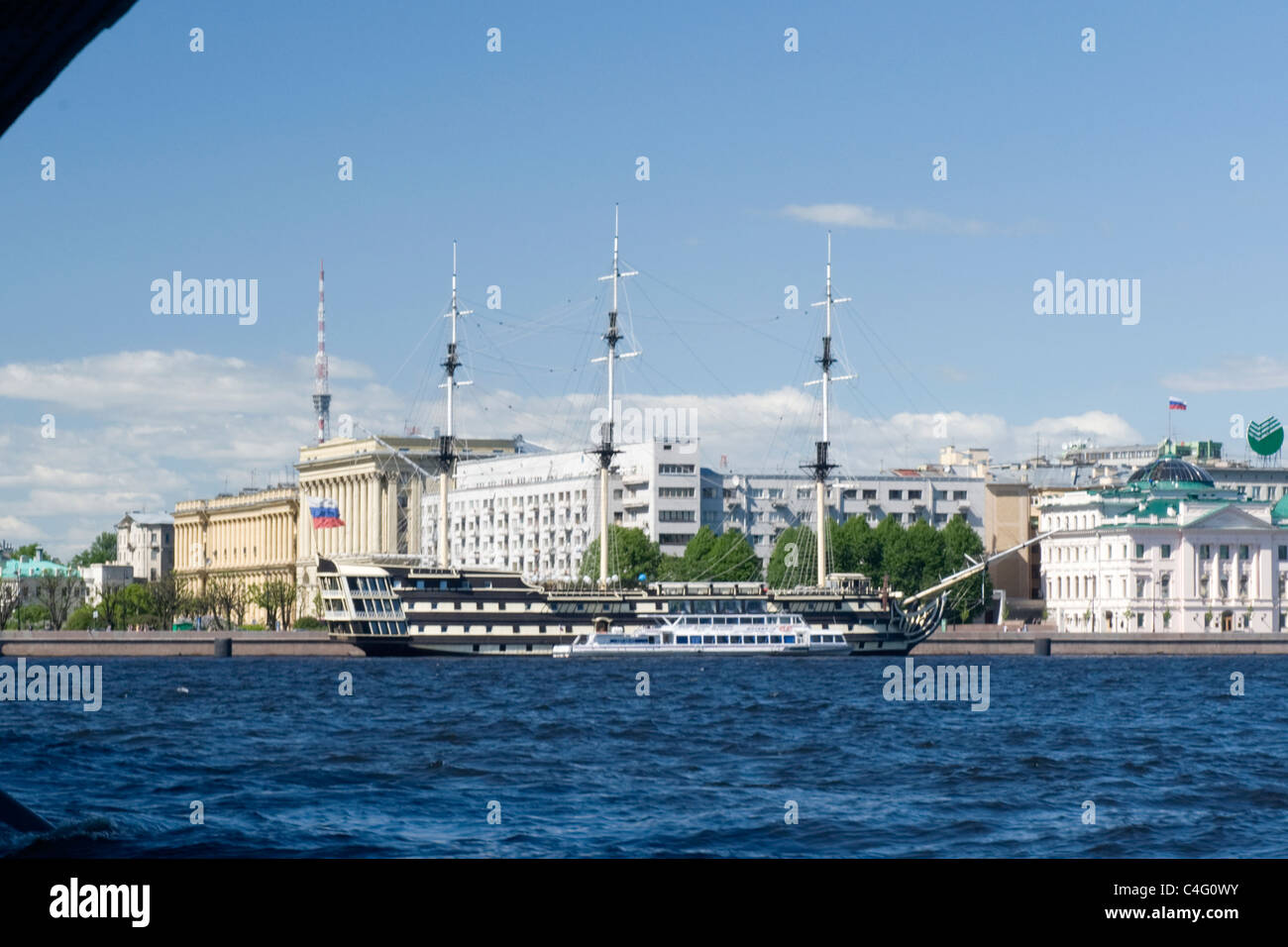 Russia St Petersburg Neva River galleon used as embankment riverside restaurant buildings Stock Photo