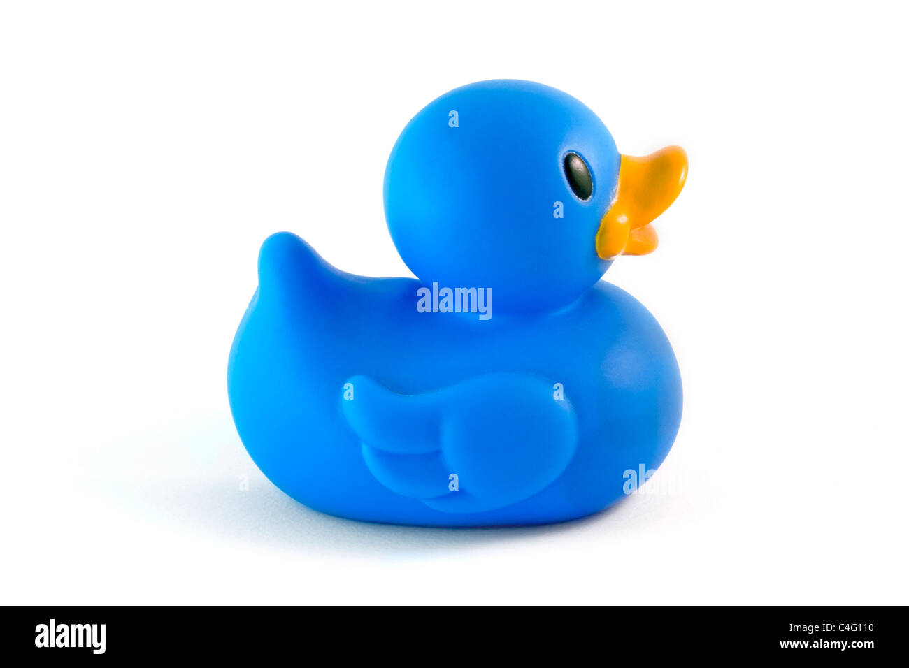 single blue rubber duck side view isolated over white Stock Photo