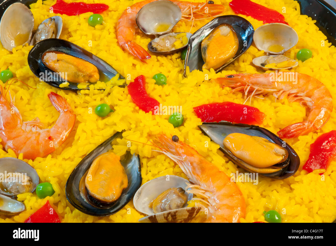 Paella valenciana, close view. Valencia, Spain. Stock Photo