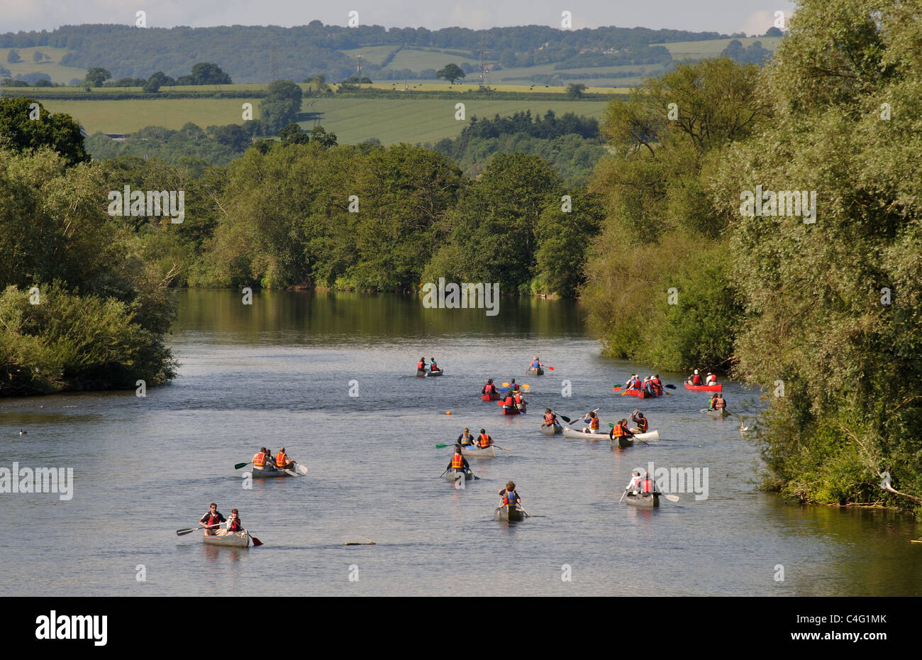Canoes on the River Wye from Wilton Bridge, Ross-on-Wye, Herefordshire, England, UK Stock Photo