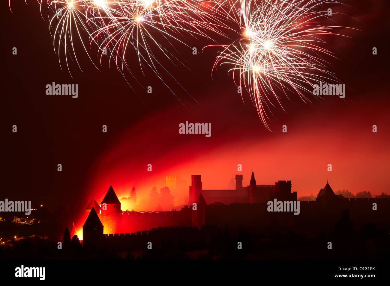 Bastille Day firework display over Carcassonne, Aude, Languedoc-Rousillon, France Stock Photo