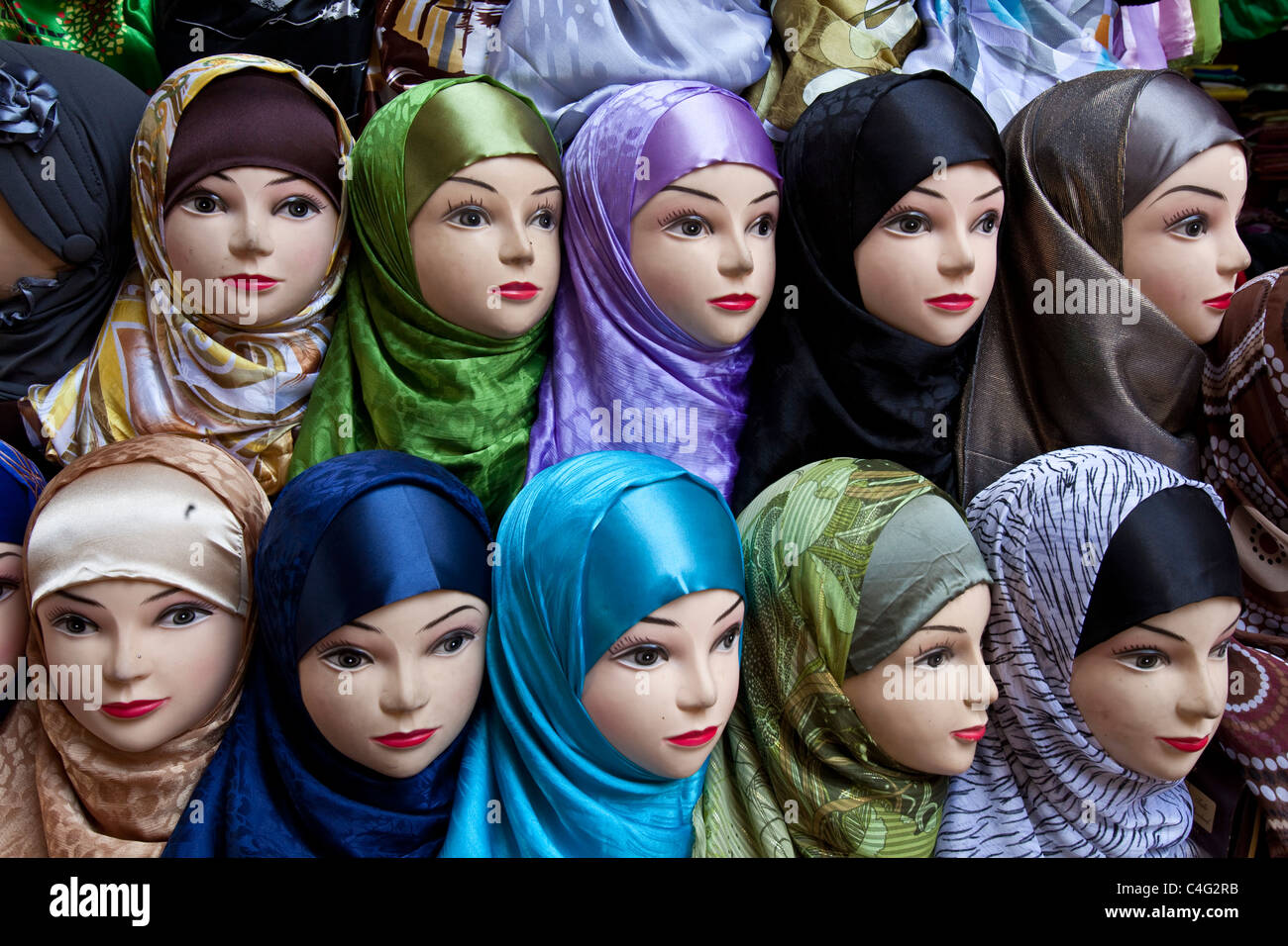 Womens headscarf display in a shop window, The Medina, Fez, Morocco Stock Photo