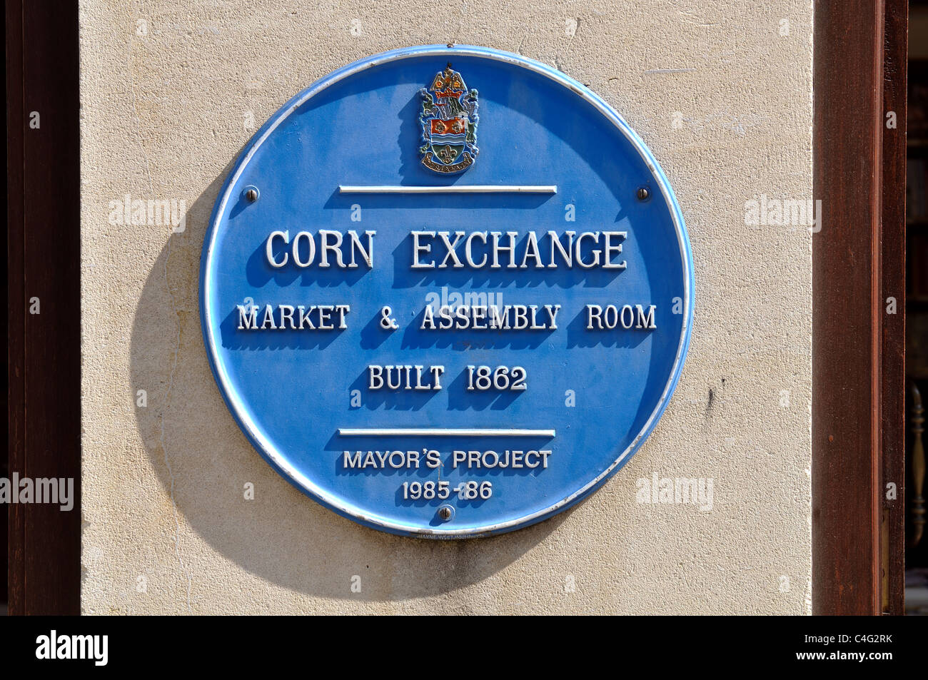 Blue plaque on the Corn Exchange, High Street, RossonWye