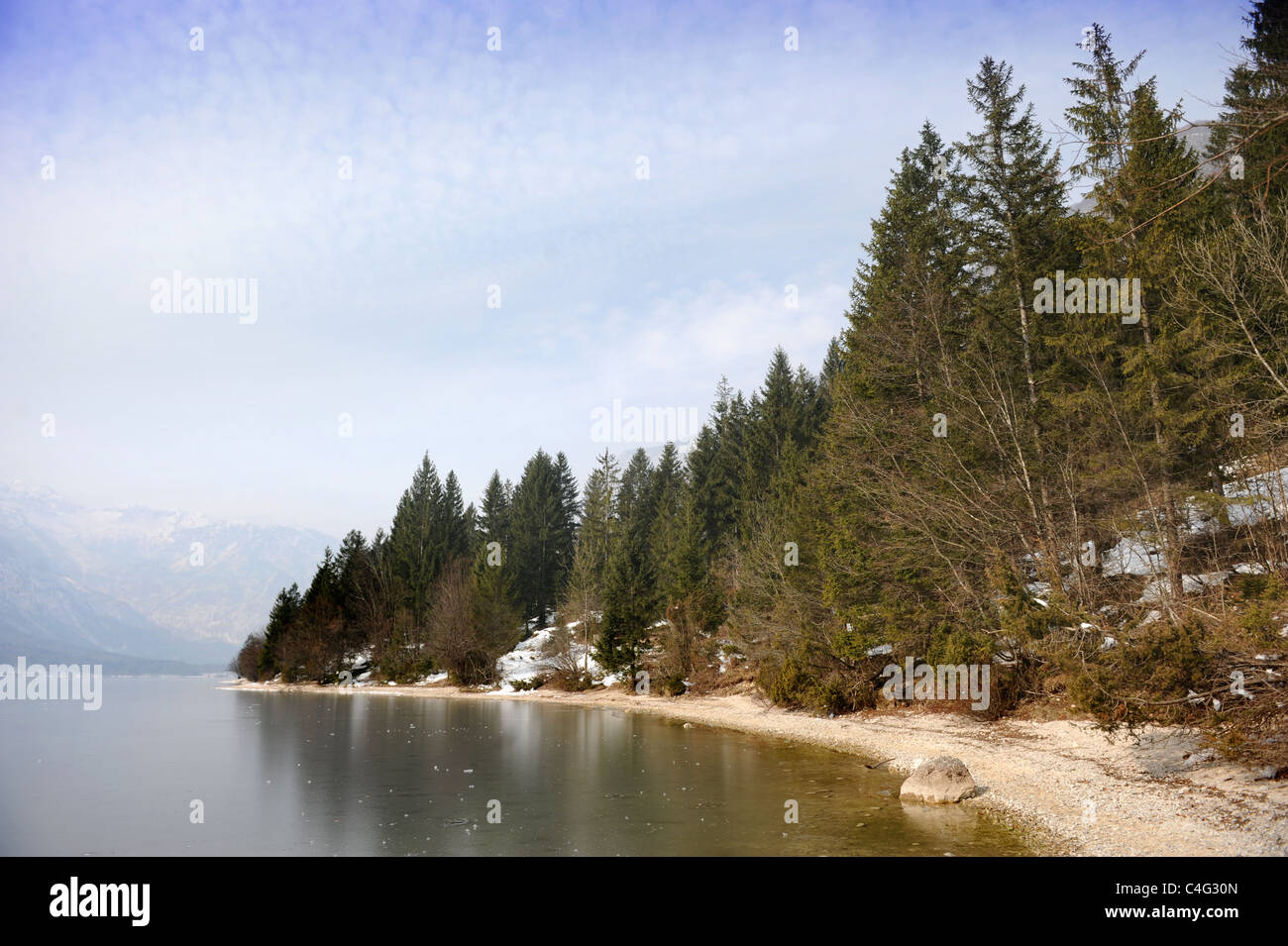 View of Lake Bohinj in the Triglav National Park of Slovenia Stock Photo