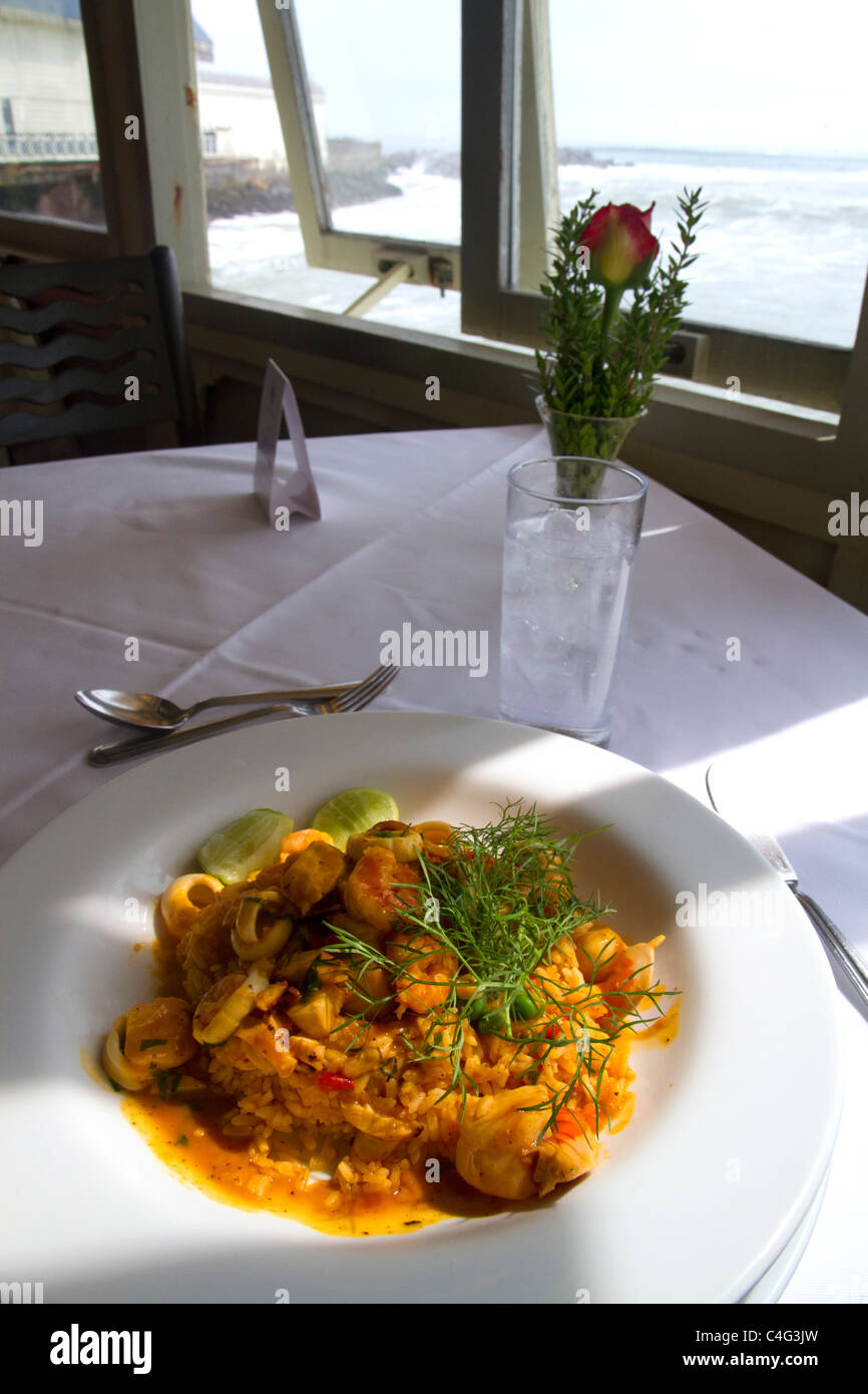 Dish of seafood paella at La Rosa Nautica restaurant in Lima, Peru