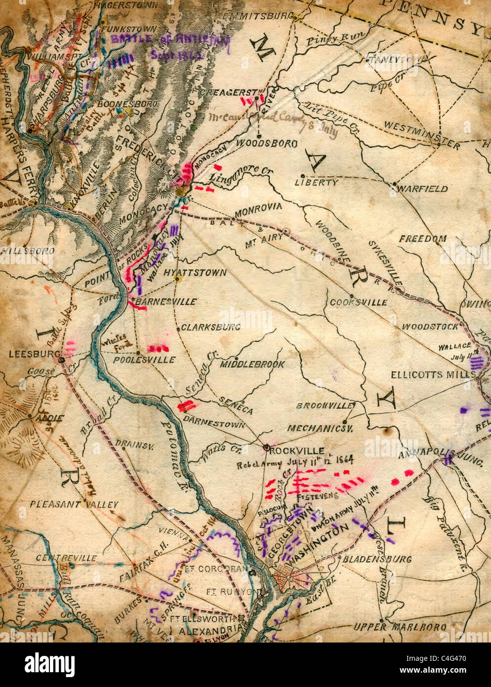 Map of Battle of Antietam (Sharpsburg) during USA Civil War showing troop positions Stock Photo