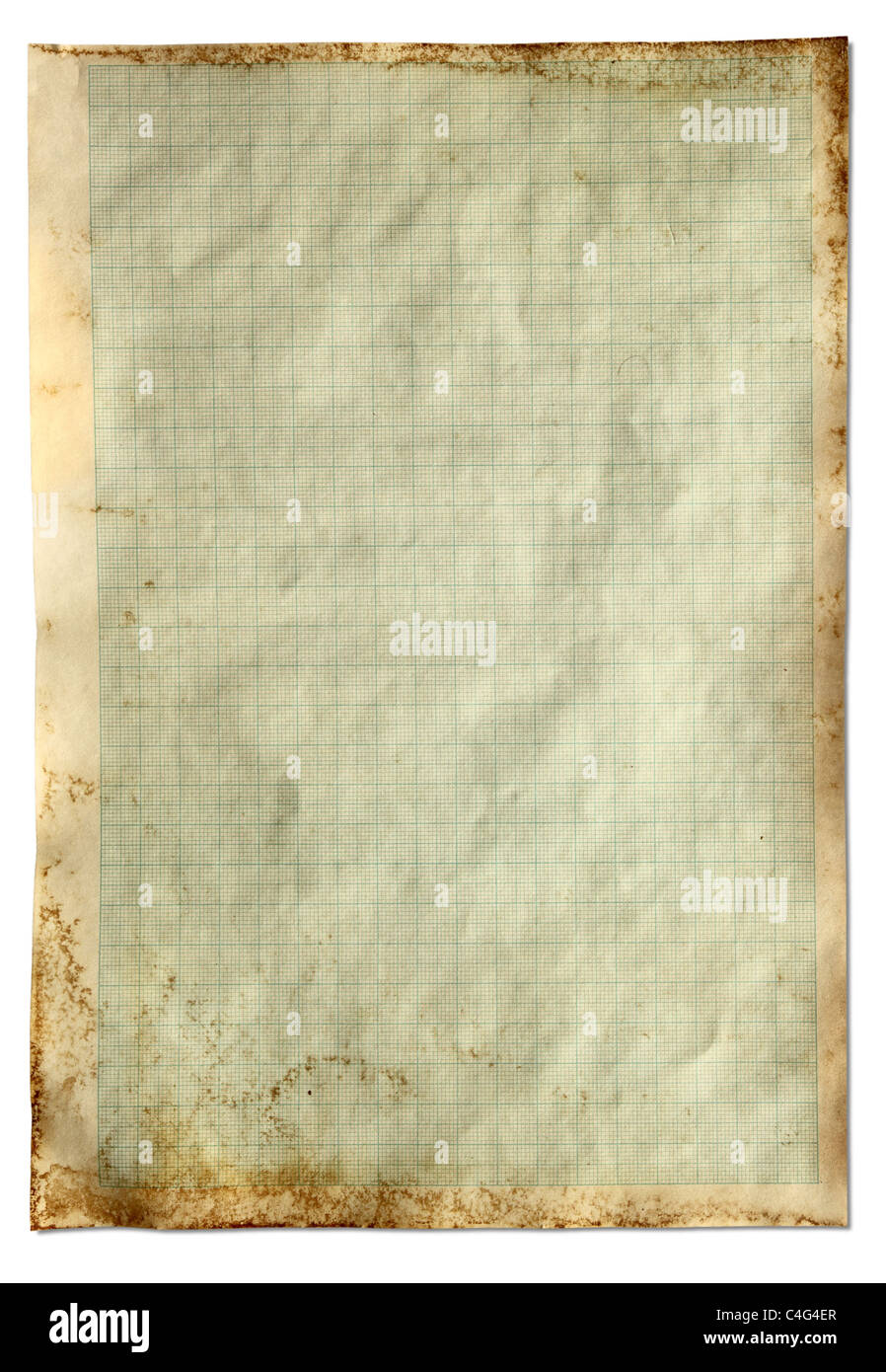 Old vintage stained graph paper, isolated on a white background. Stock Photo