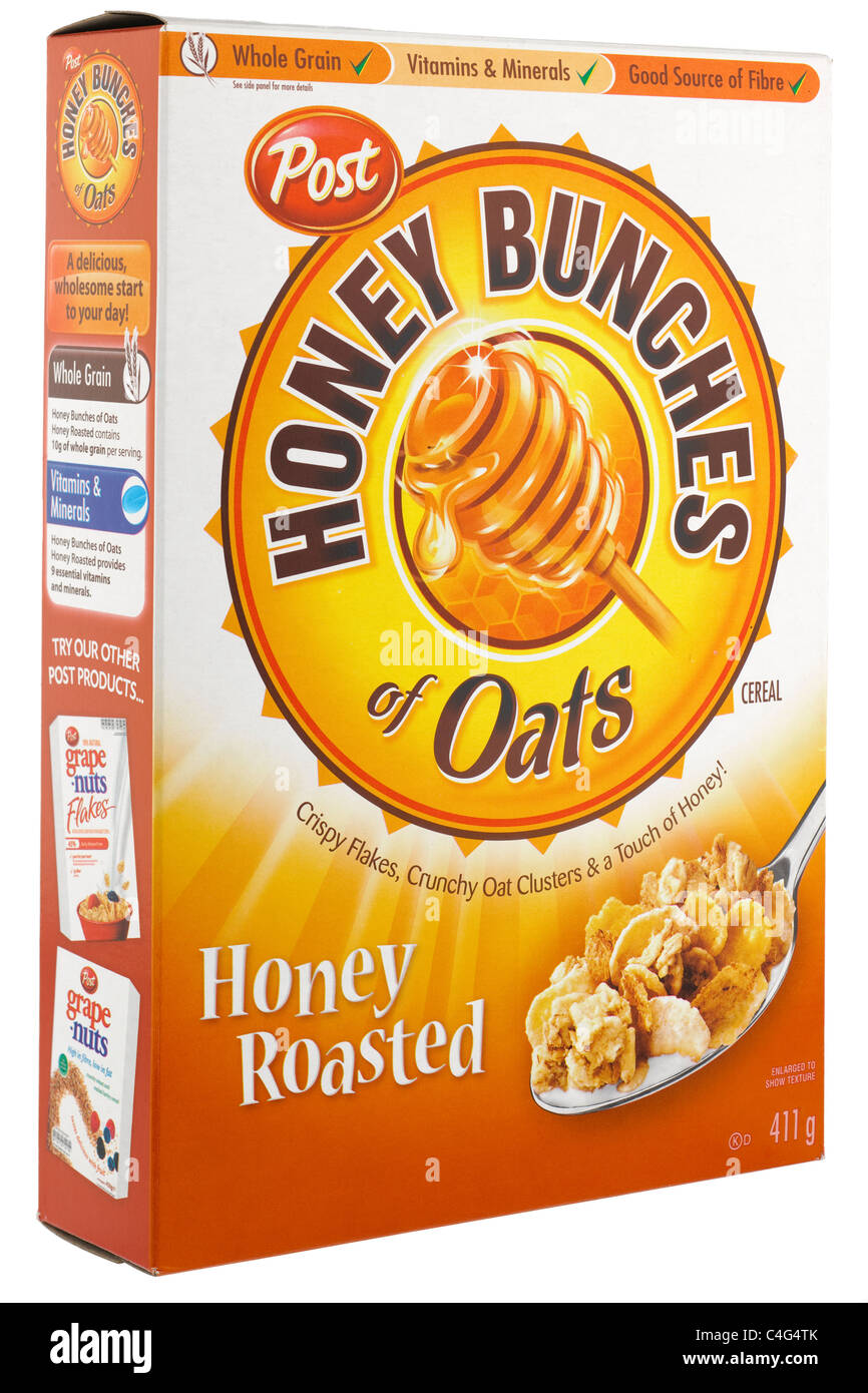 411 gram box of Post honey roasted bunches of oats and flakes breakfast cereals Stock Photo