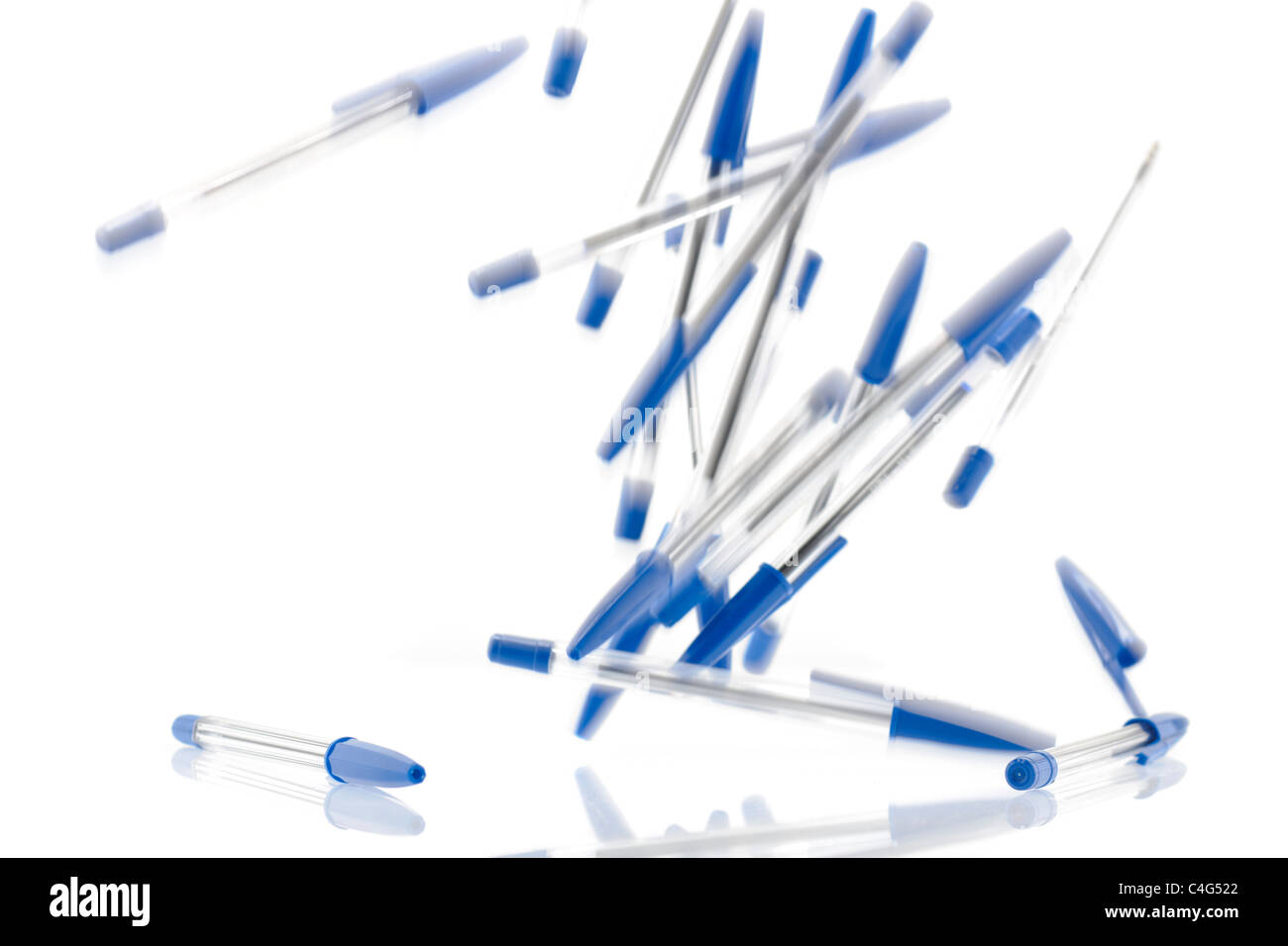 Pile of falling blue ballpoint pens Stock Photo