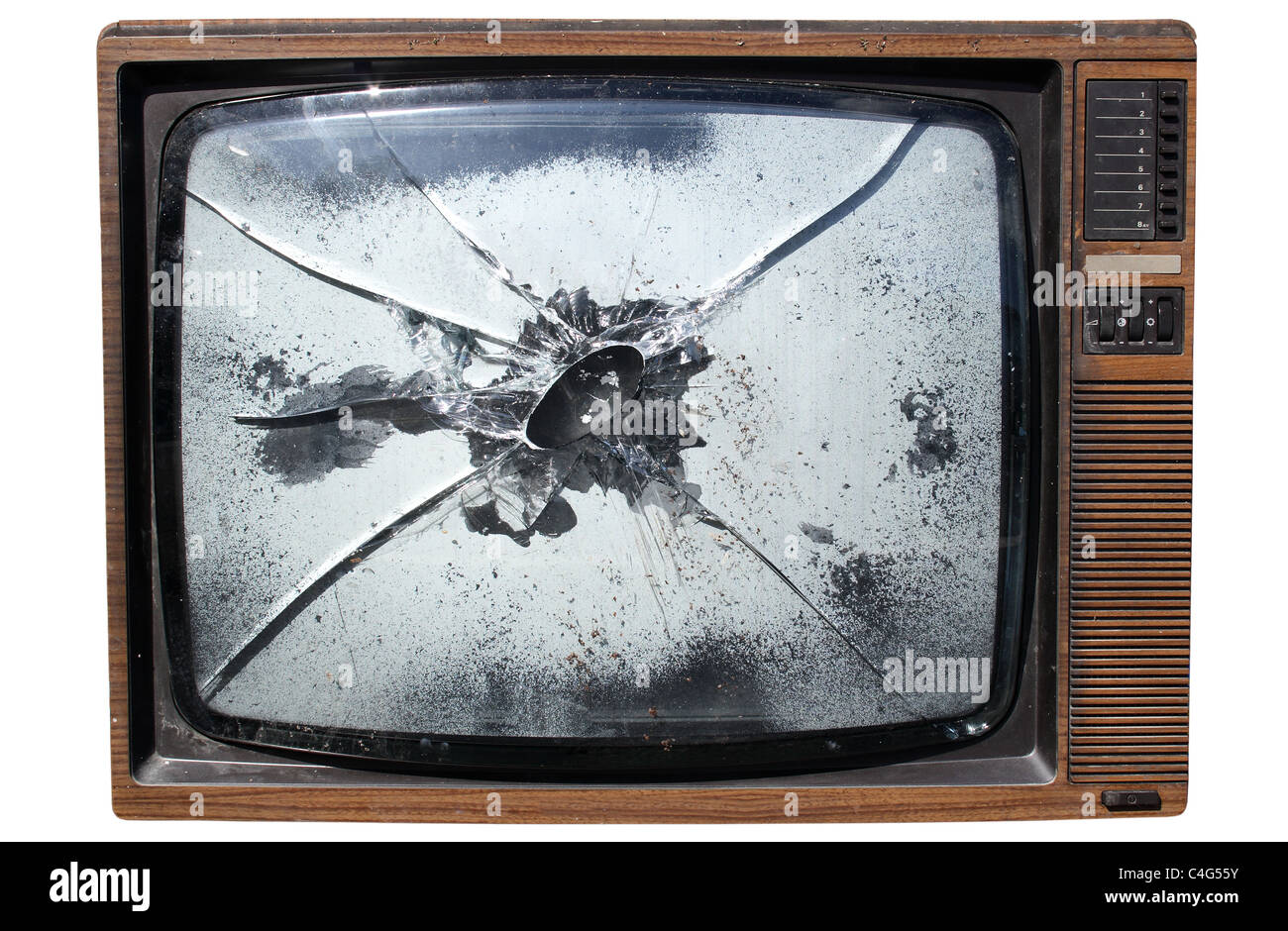 Old TV with a smashed screen, isolated on a white background. Stock Photo