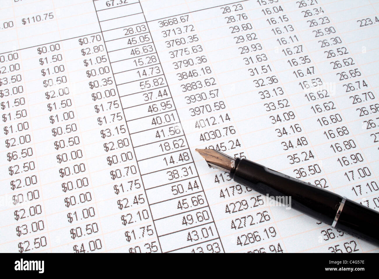 Reviewing the accounts in dollars on a printed spreadsheet. Stock Photo