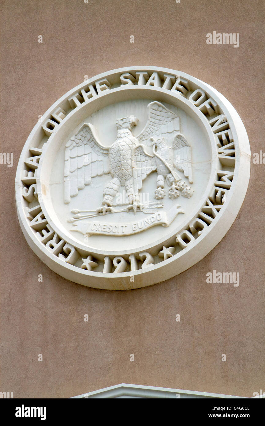 Stone carving of the State Seal on the New Mexico State Capitol building located in Santa Fe, New Mexico, USA. Stock Photo