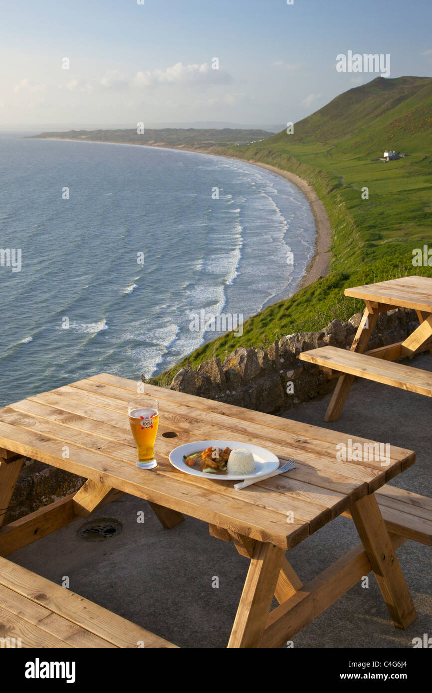 Outdoor meal and drink at Worms Head Hotel Rhossili Gower Peninsula South Wales GB UK British